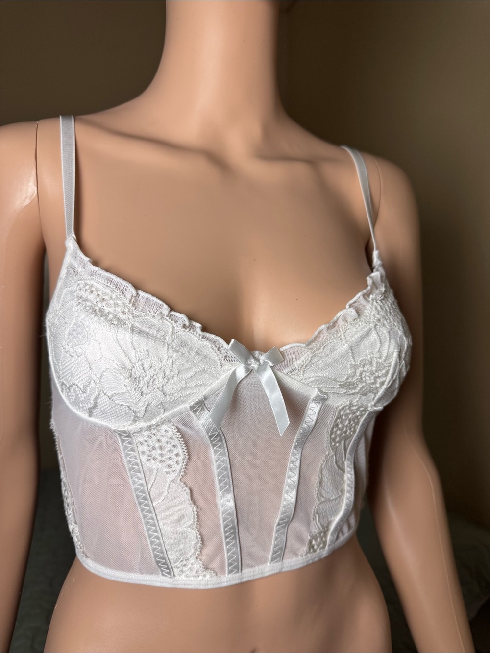 Women’s White Sheer Floral Lace Mesh Bustier Corset Top Adjustable Straps Bow S